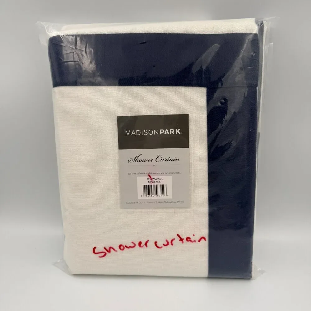 Madison Park Shower Curtain 72 x 72 100% Cotton White Navy Border Luxury Hotel